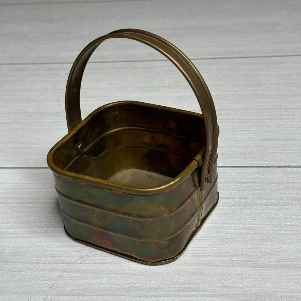 Vintage Brass Square Basket Small Handle Pot Planter Trinket Dish Made‎ India